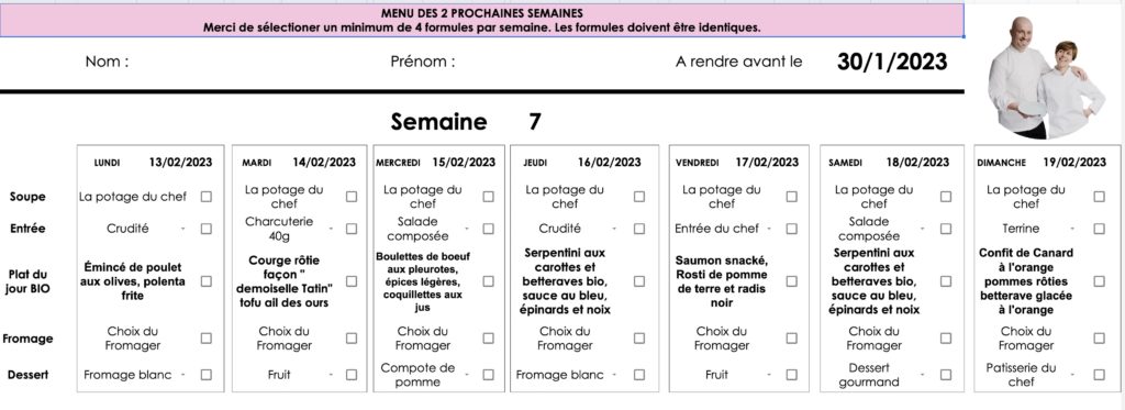 Exemple d'un menu de portage